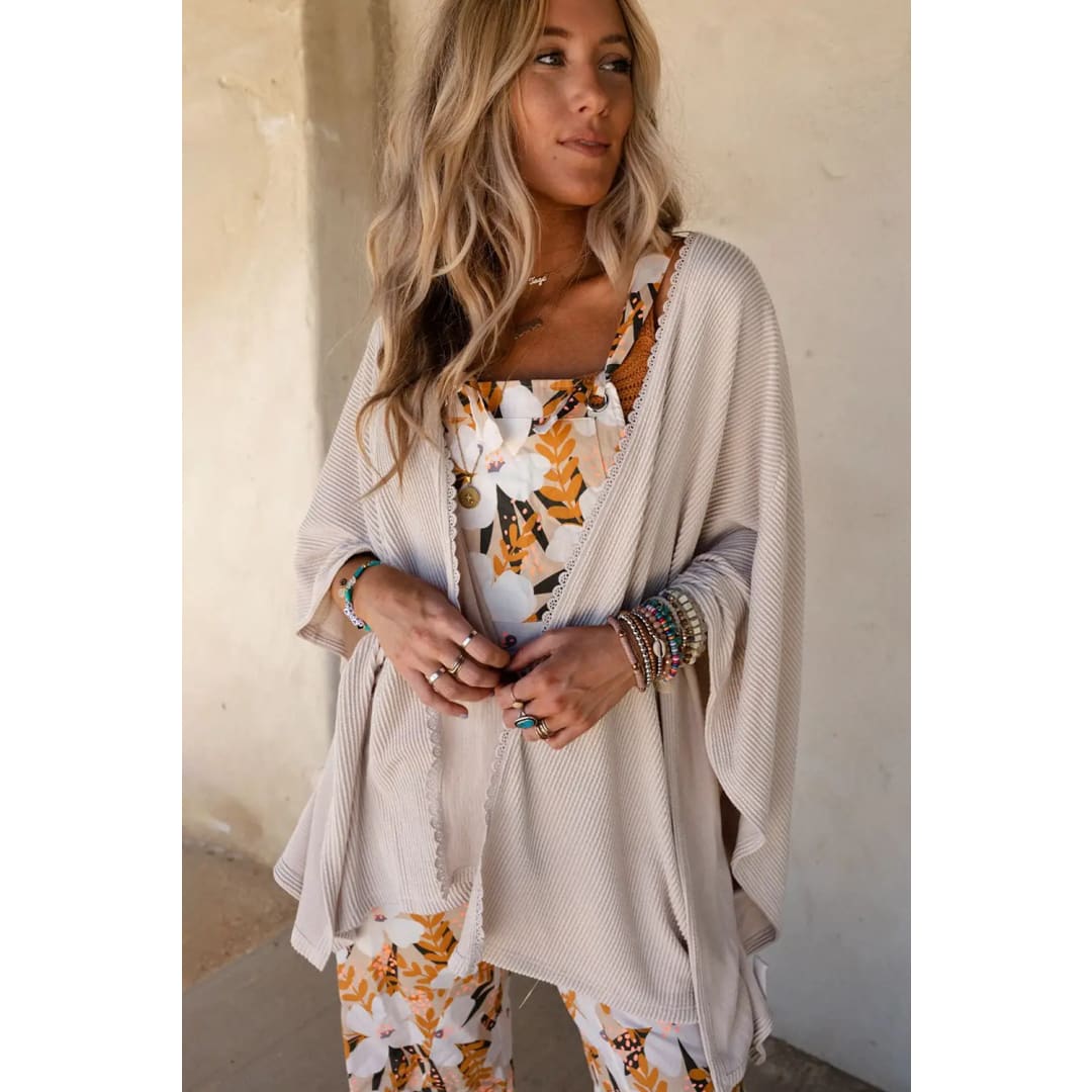 Apricot Lace Trim Ribbed Oversize Kimono | Fashionfitz