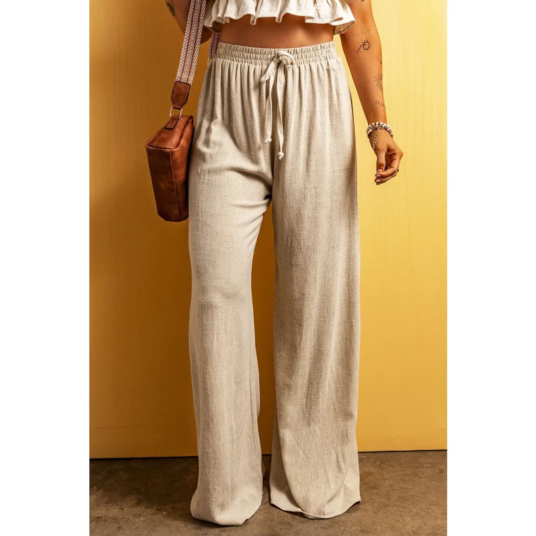 Apricot Lace-up Waist Floor Length Wide Leg Casual Pants | Fashionfitz