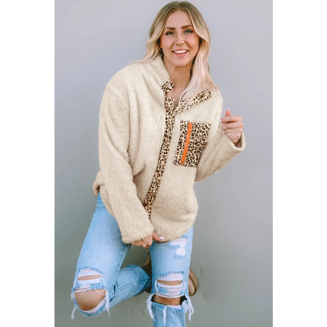 Apricot Leopard Patched Zipped Pocket Fleece Jacket | Fashionfitz