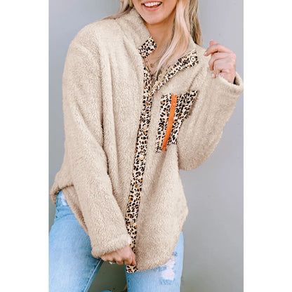 Apricot Leopard Patched Zipped Pocket Fleece Jacket | Fashionfitz