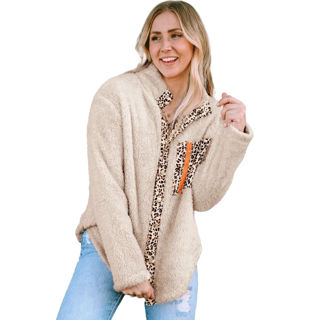 Apricot Leopard Patched Zipped Pocket Fleece Jacket | Fashionfitz