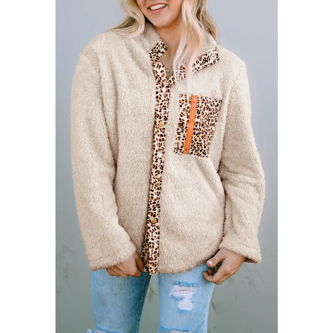 Apricot Leopard Patched Zipped Pocket Fleece Jacket | Fashionfitz