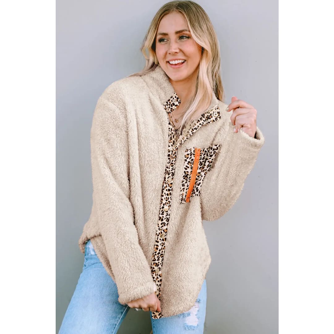 Apricot Leopard Patched Zipped Pocket Fleece Jacket | Fashionfitz