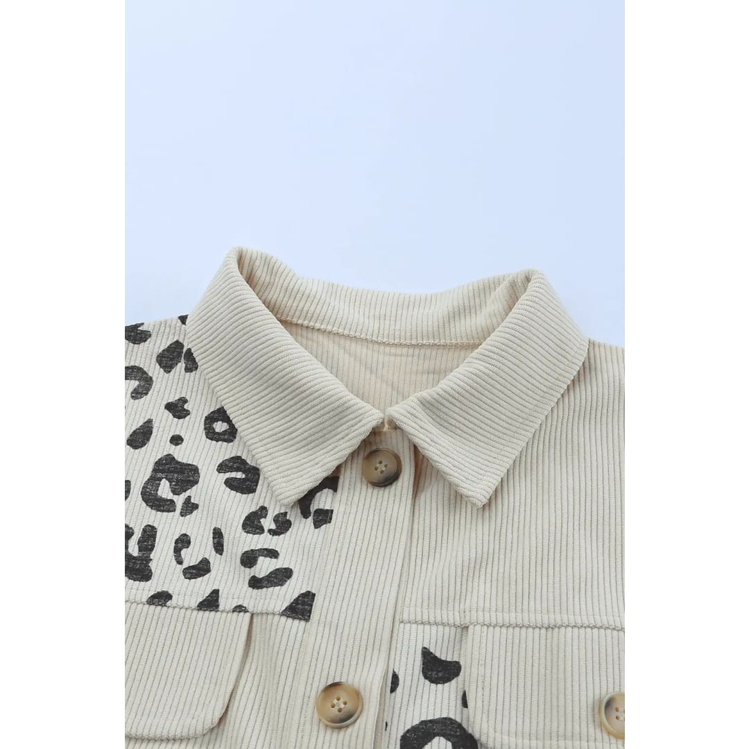 Apricot Leopard Print Detail Pocketed Corduroy Jacket | Fashionfitz