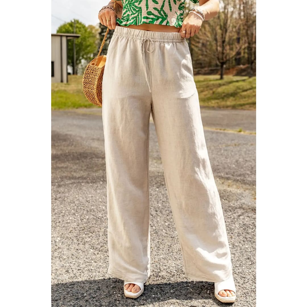Apricot Linen Elastic Drawstring Waist Loose Pants | Fashionfitz