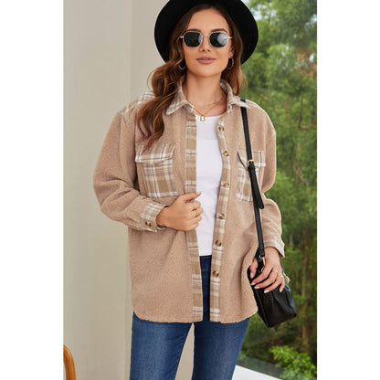 Apricot Plaid Patchwork Buttoned Sherpa Shirt Jacket | DropshipClothes