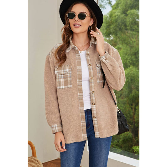 Apricot Plaid Patchwork Buttoned Sherpa Shirt Jacket | DropshipClothes
