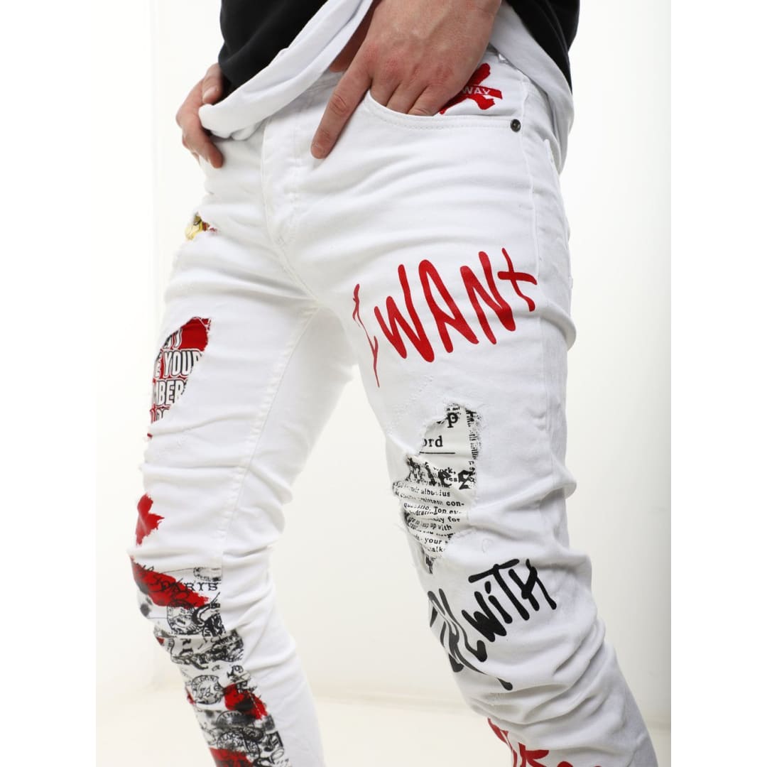 BANKSY WHITE Graffiti Jeans | The Urban Clothing Shop™