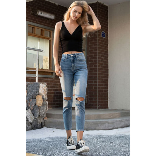 BAYEAS High Waist Distressed Washed Cropped Mom Jeans | The Urban Clothing Shop™