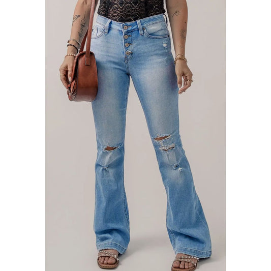 Beau Blue High Waist Button Front Ripped Flare Jeans | Fashionfitz