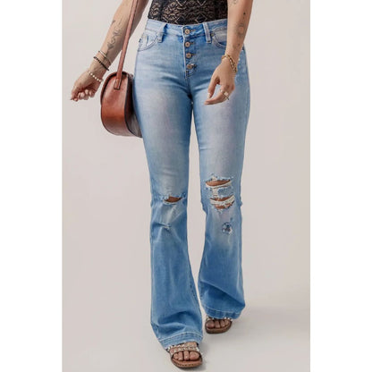 Beau Blue High Waist Button Front Ripped Flare Jeans | Fashionfitz