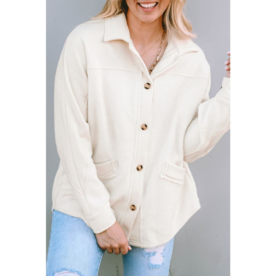 Beige Button-Up Stitching Pocket Raw Hem Shacket | DropshipClothes