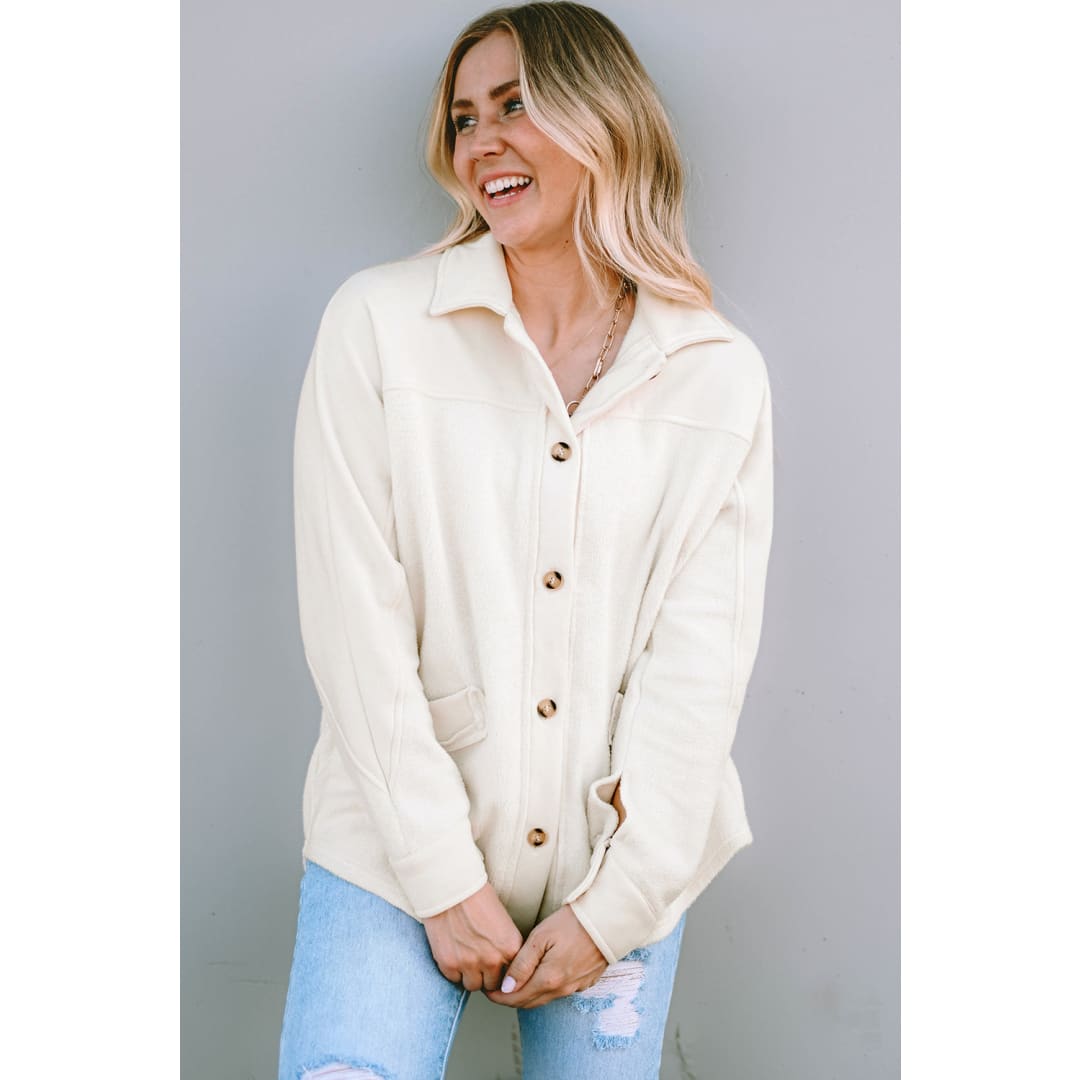 Beige Button-Up Stitching Pocket Raw Hem Shacket | DropshipClothes