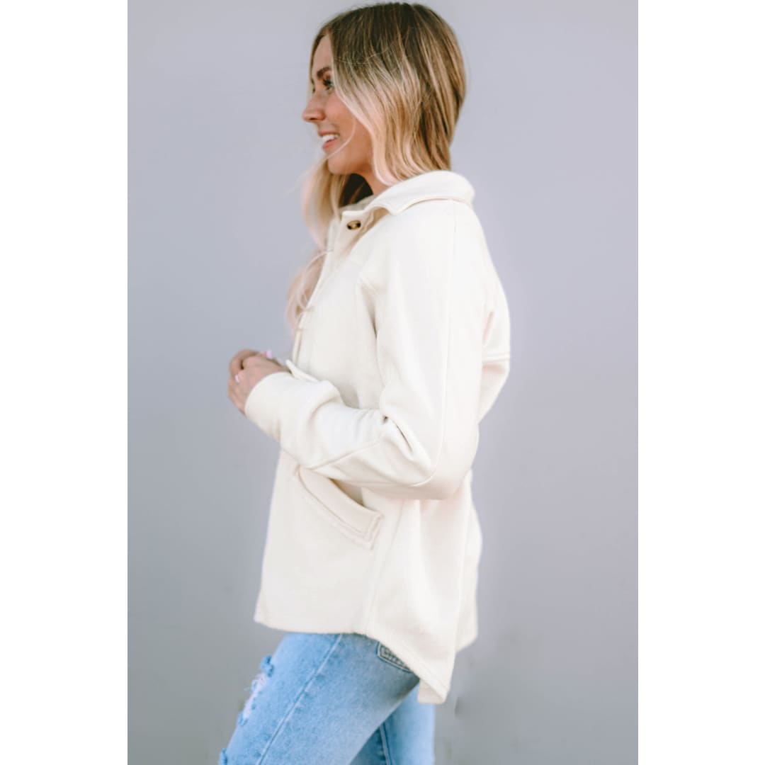 Beige Button-Up Stitching Pocket Raw Hem Shacket | DropshipClothes