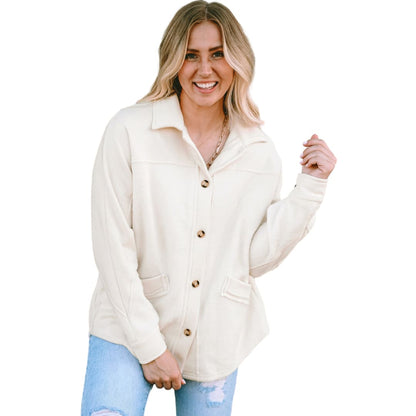 Beige Button-Up Stitching Pocket Raw Hem Shacket | DropshipClothes