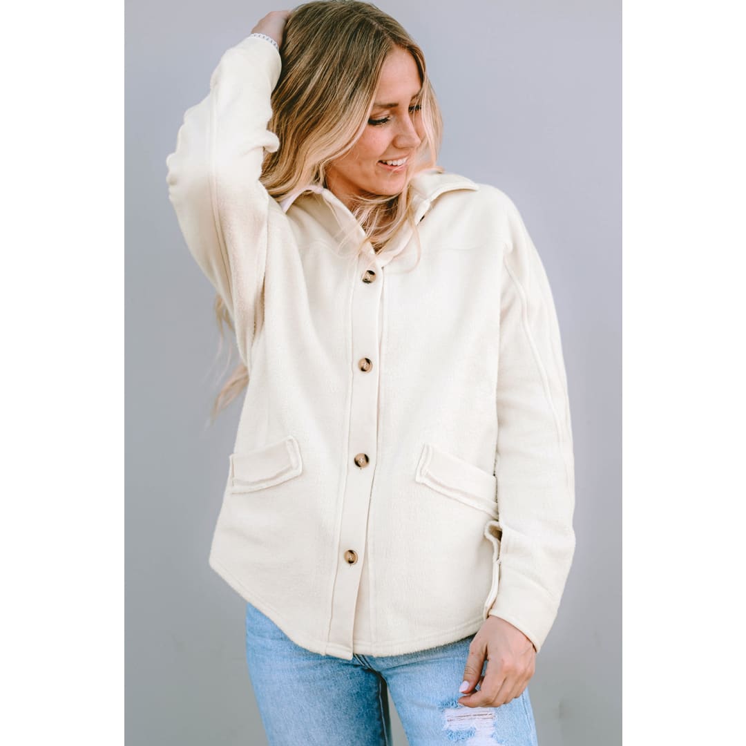 Beige Button-Up Stitching Pocket Raw Hem Shacket | DropshipClothes