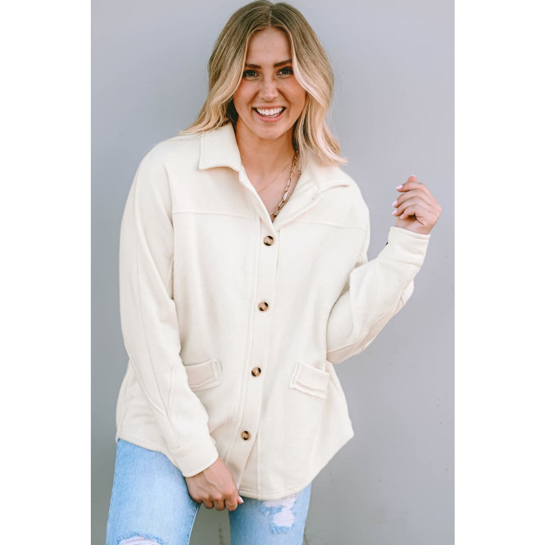 Beige Button-Up Stitching Pocket Raw Hem Shacket | DropshipClothes