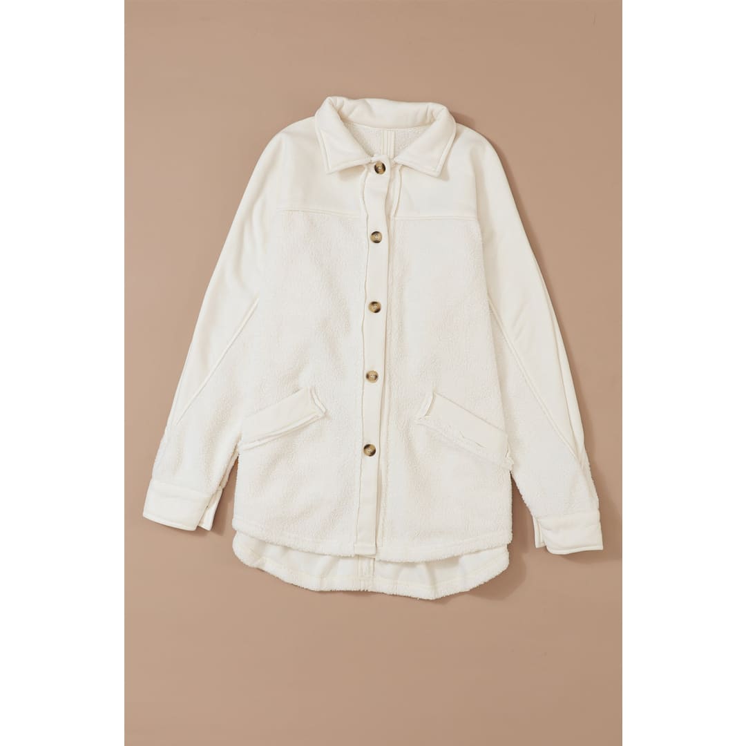 Beige Button-Up Stitching Pocket Raw Hem Shacket | DropshipClothes