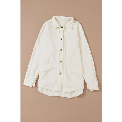 Beige Button-Up Stitching Pocket Raw Hem Shacket | DropshipClothes