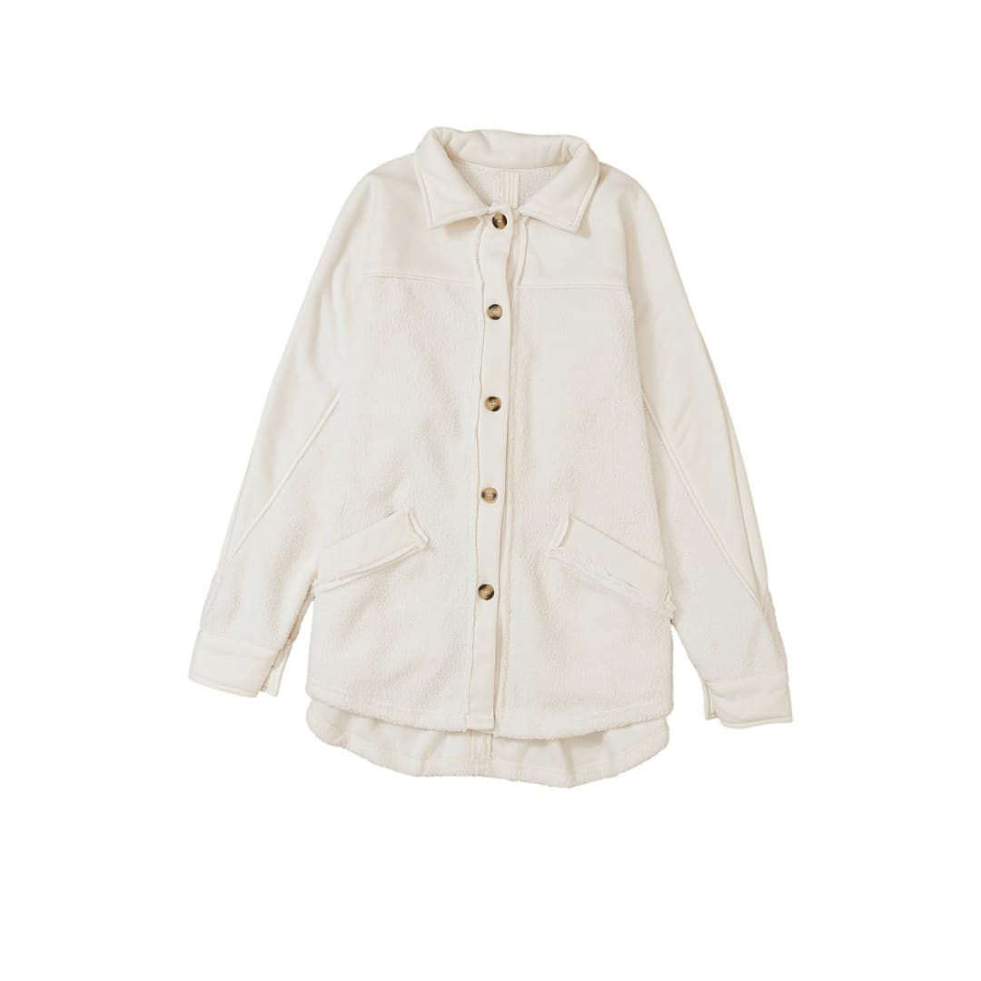 Beige Button-Up Stitching Pocket Raw Hem Shacket | DropshipClothes