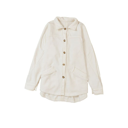 Beige Button-Up Stitching Pocket Raw Hem Shacket | DropshipClothes