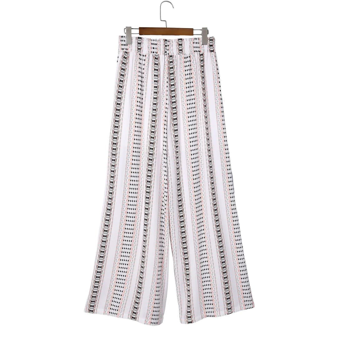 Beige Geometric Pattern Print Shirred Wide Leg Pants | Fashionfitz