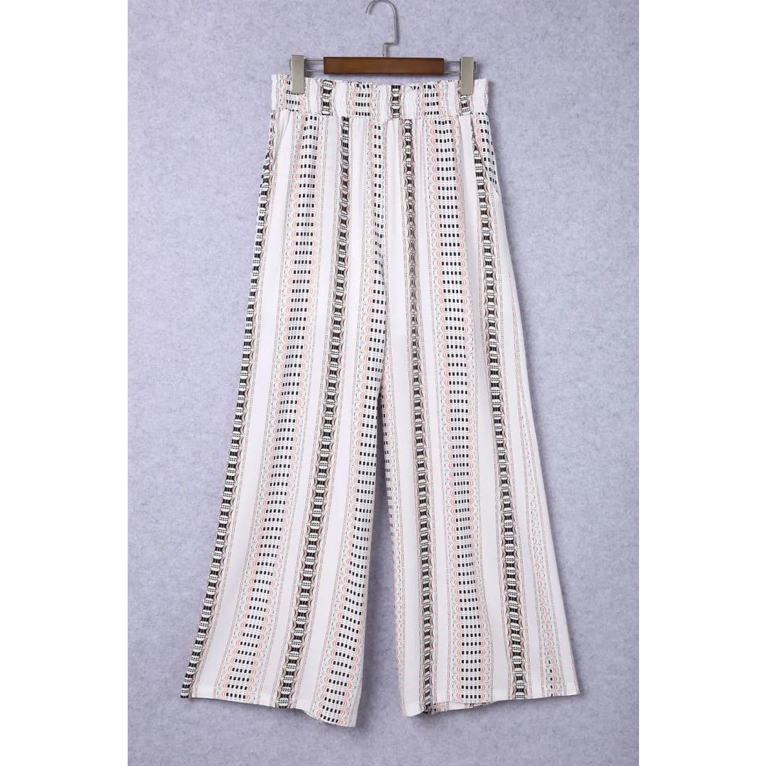 Beige Geometric Pattern Print Shirred Wide Leg Pants | Fashionfitz