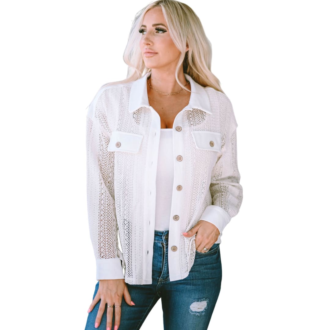 Beige Lace See-through Button Collared Shacket | DropshipClothes