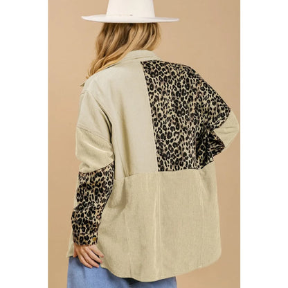 Beige Leopard Patchwork High Low Shirt Jacket | Fashionfitz