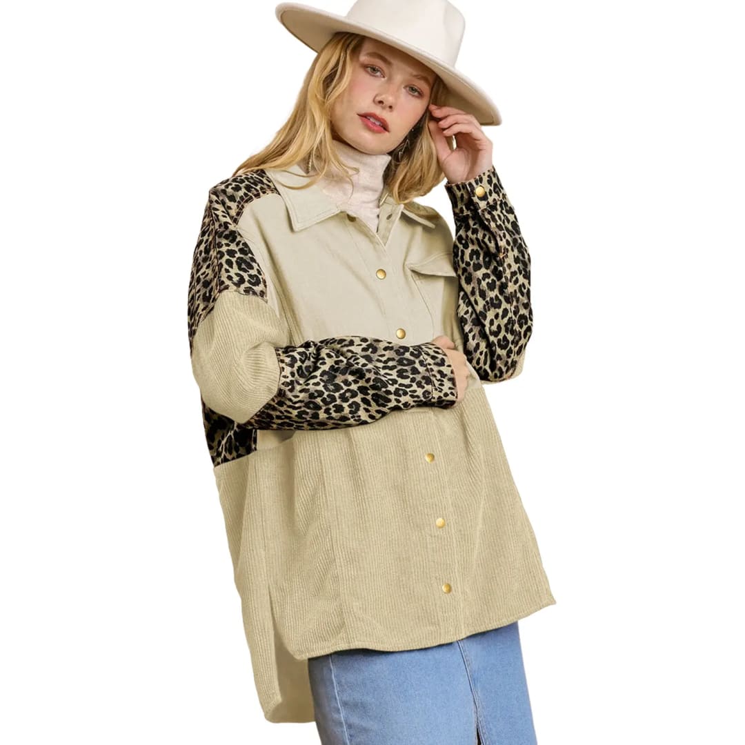Beige Leopard Patchwork High Low Shirt Jacket | Fashionfitz
