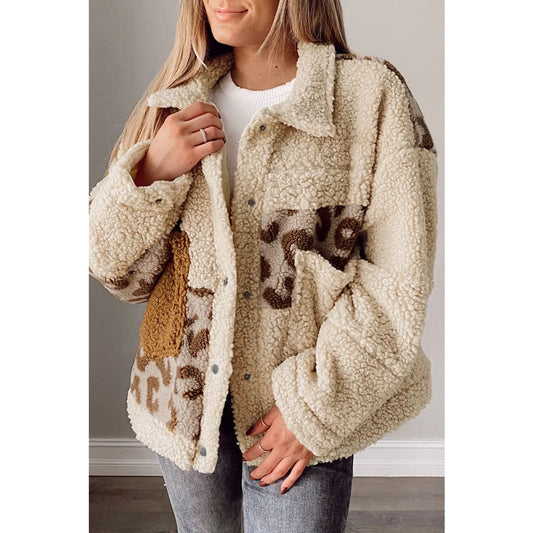 Beige Leopard Patchwork Snap Buttons Sherpa Jacket | Fashionfitz