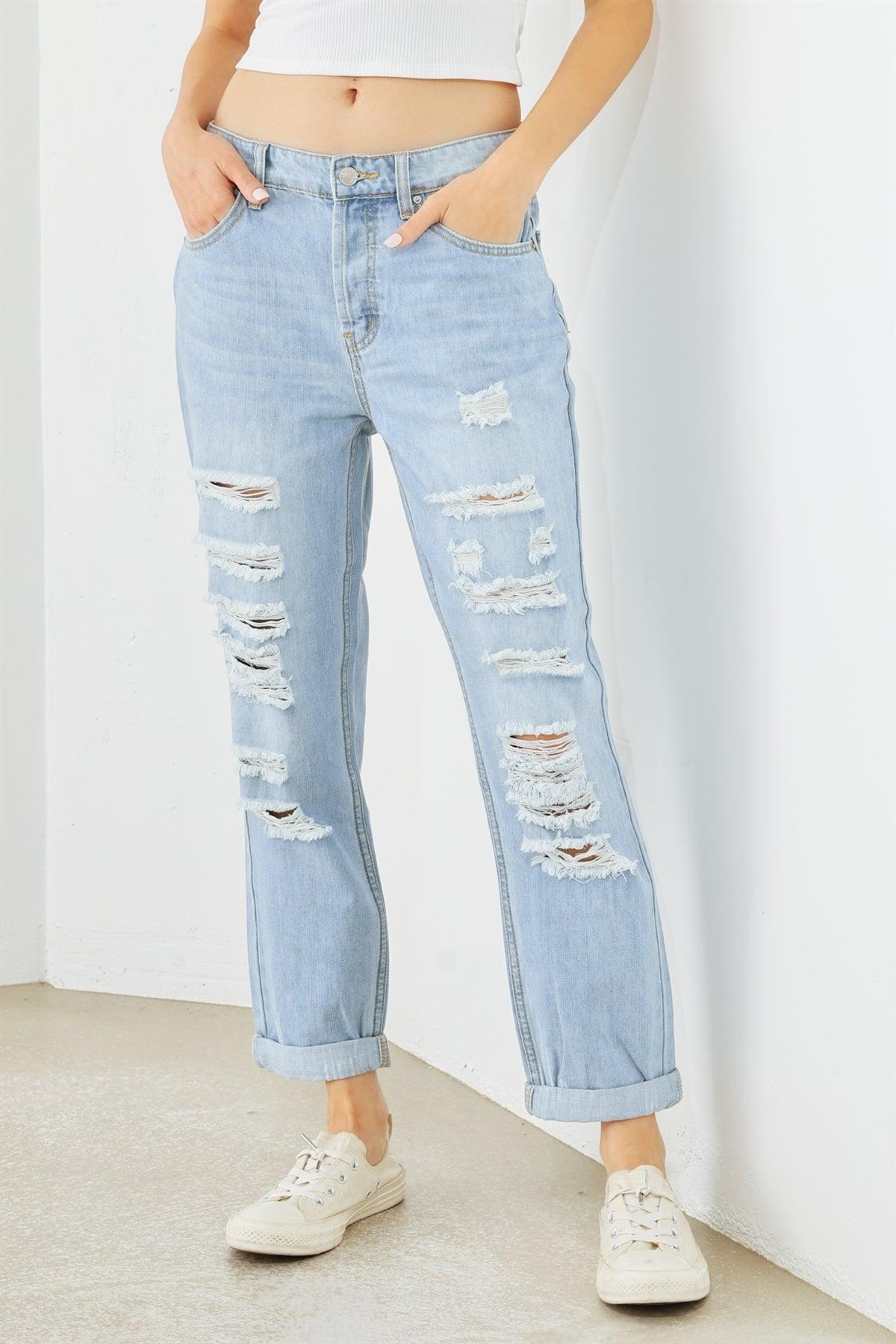 Light Blue Denim Cotton Ripped High Waist Jeans-0