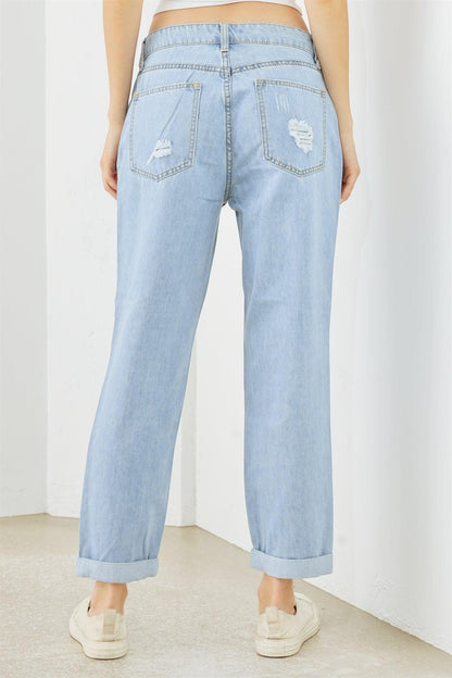 Light Blue Denim Cotton Ripped High Waist Jeans-1