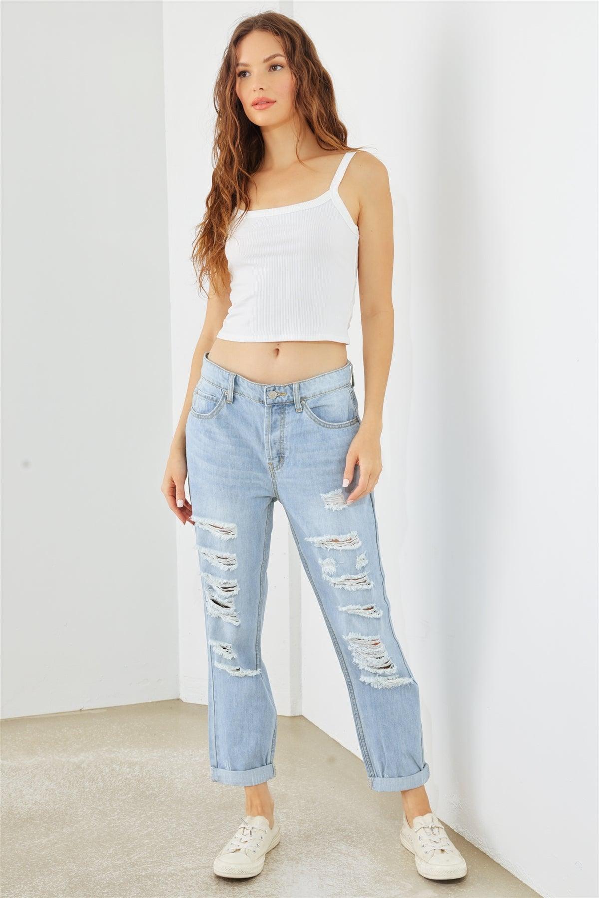 Light Blue Denim Cotton Ripped High Waist Jeans-2