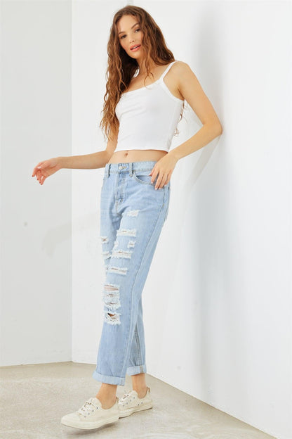 Light Blue Denim Cotton Ripped High Waist Jeans-4