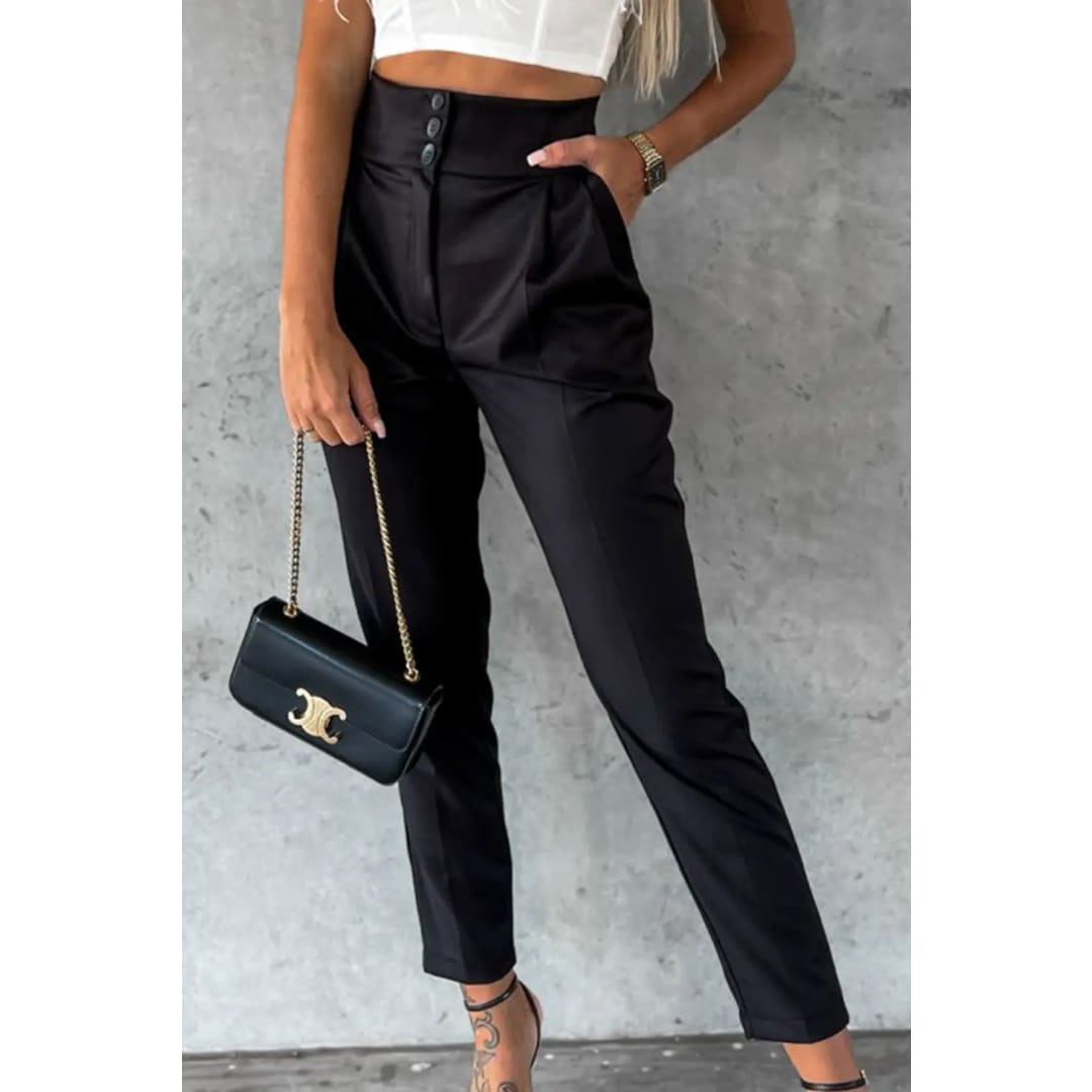 Black Button High Waist Tapered Pants | Fashionfitz