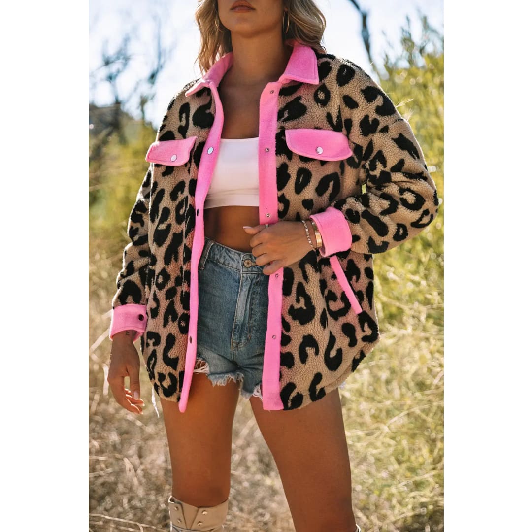 Black Contrast Trimmed Leopard Teddy Shacket | Fashionfitz