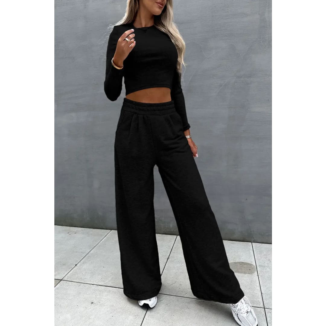 Black Crop Top and Wide Leg Pants Two Piece Set | Fashionfitz