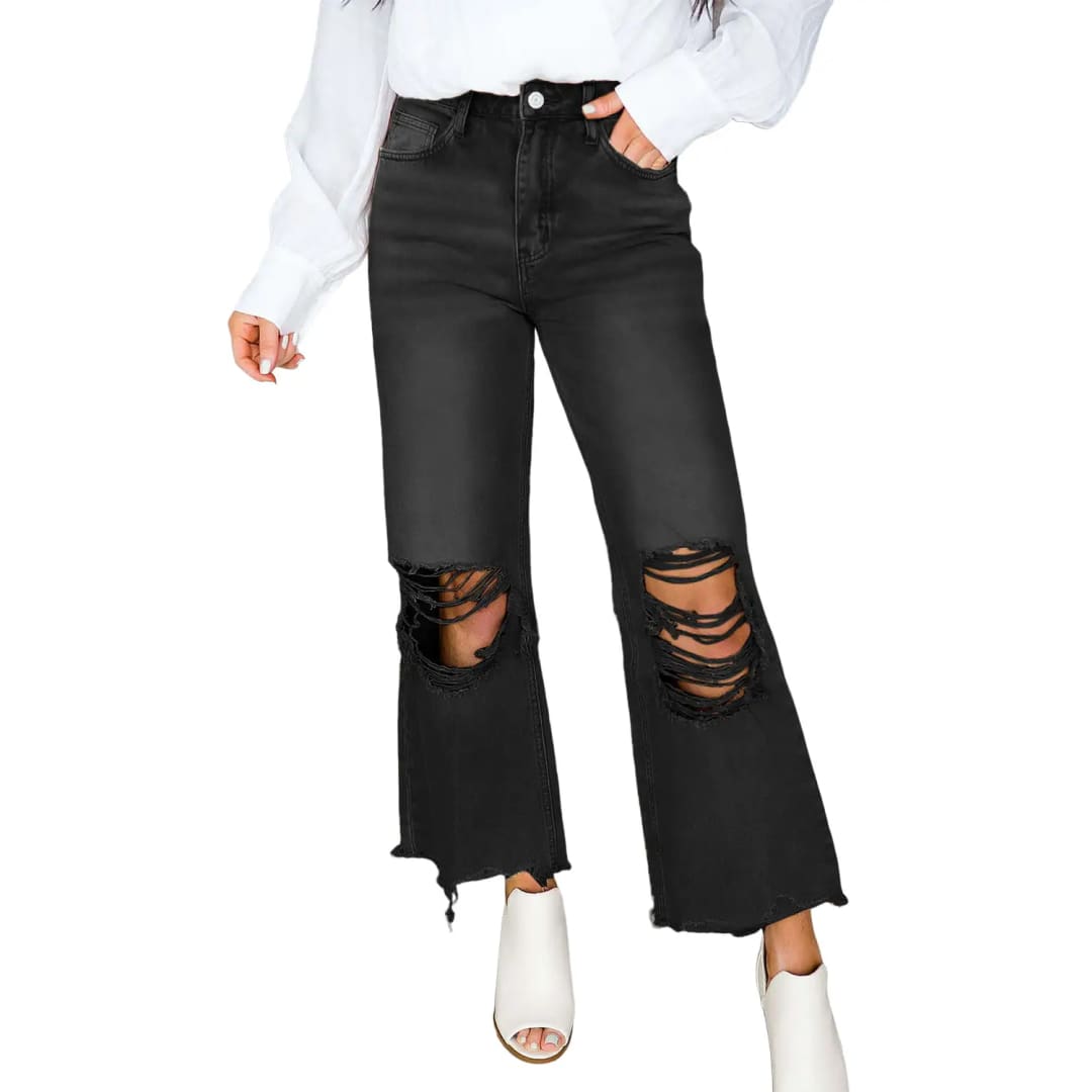 Black Distressed Hollow-out High Waist Cropped Flare Jeans | Fashionfitz
