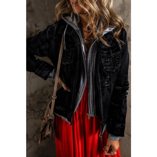 Black Fake Two-Piece Hooded Zip-Up Denim Jacket | Fashionfitz