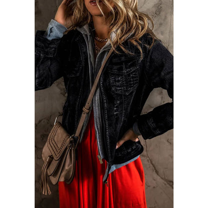 Black Fake Two-Piece Hooded Zip-Up Denim Jacket | Fashionfitz