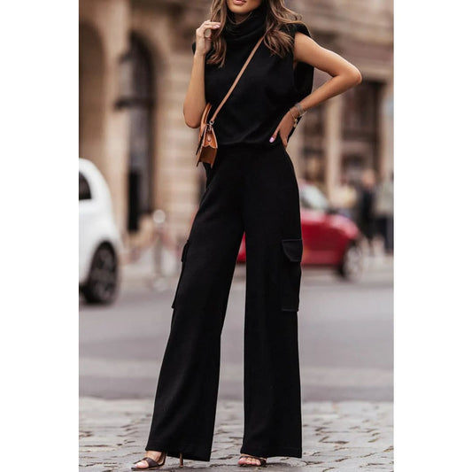 Black High Neck Sleeveless Vest and Cargo Pants Outfit | Fashionfitz