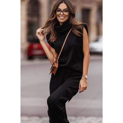 Black High Neck Sleeveless Vest and Cargo Pants Outfit | Fashionfitz