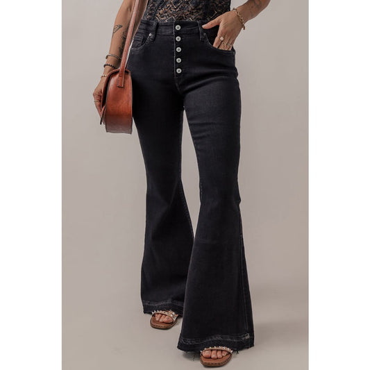 Black High Waist Button Front Flare Jeans | Fashionfitz