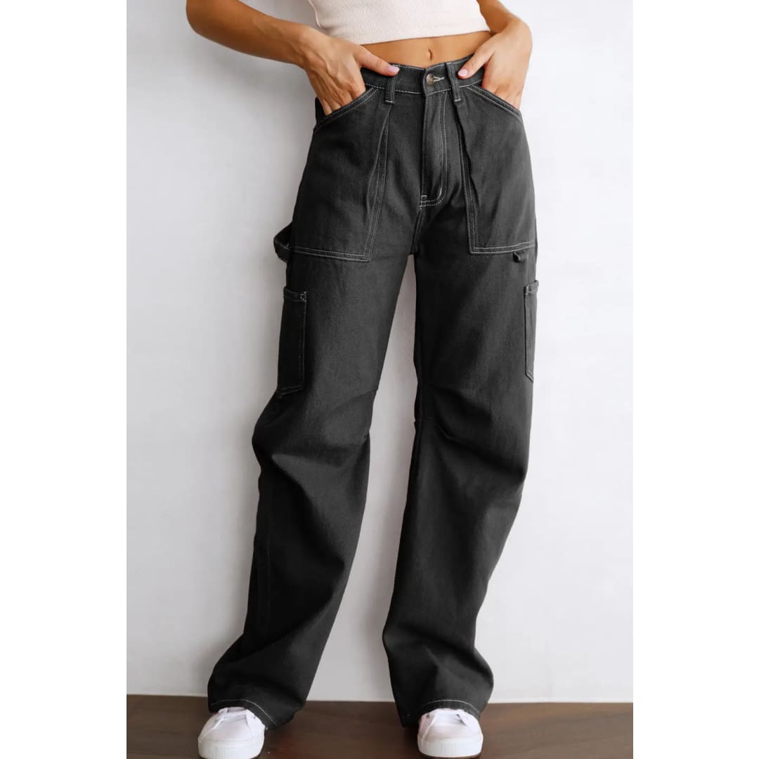 Black High Waist Straight Leg Cargo Pants with Pockets | Fashionfitz