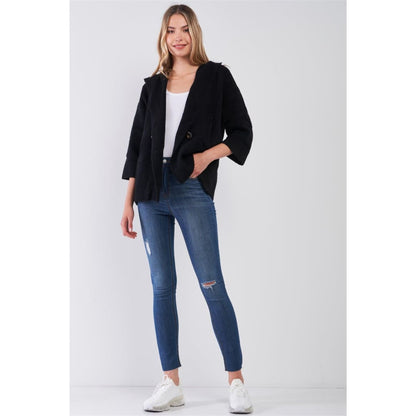 Black Knit Buttoned Front 3/4 Sleeve Hooded Cardigan | TA