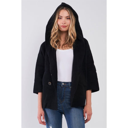 Black Knit Buttoned Front 3/4 Sleeve Hooded Cardigan | TA