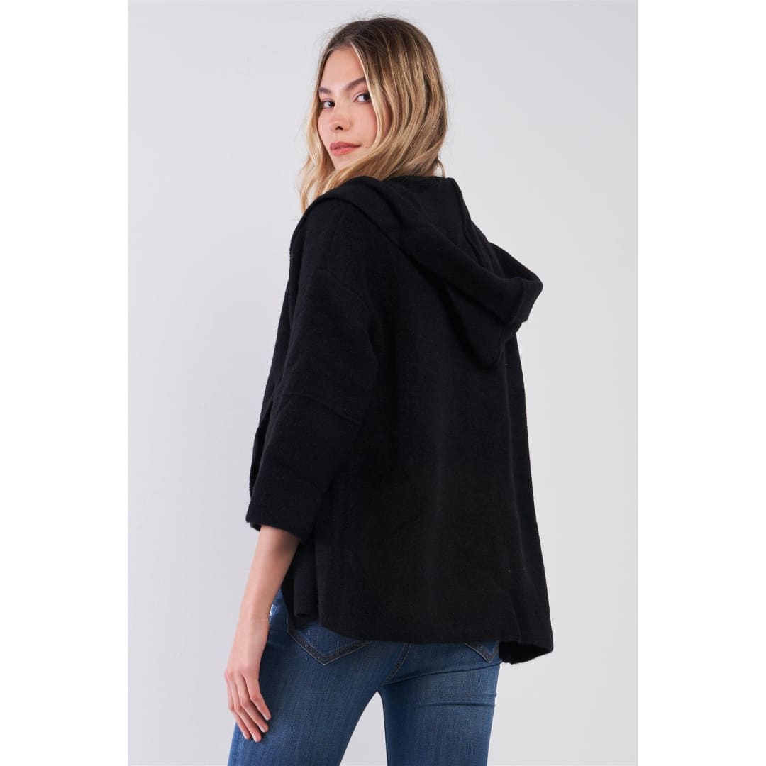 Black Knit Buttoned Front 3/4 Sleeve Hooded Cardigan | TA