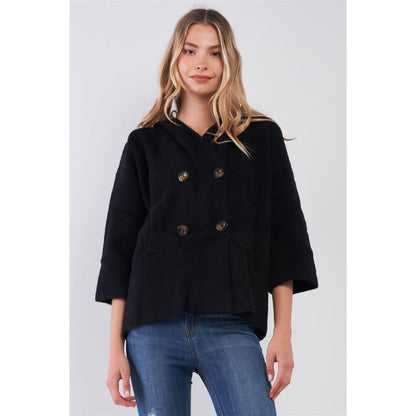 Black Knit Buttoned Front 3/4 Sleeve Hooded Cardigan | TA