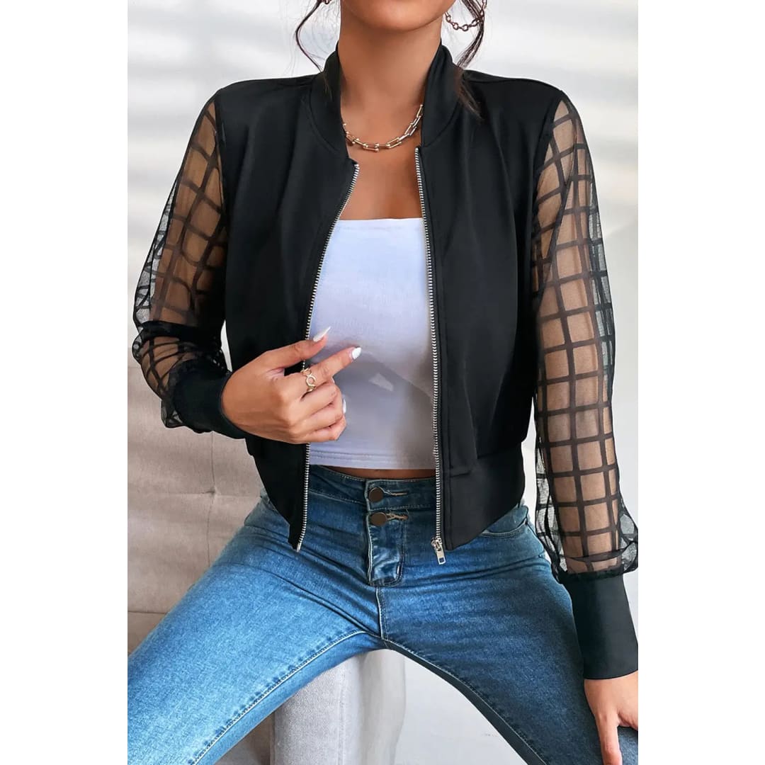 Black Latticed Mesh Sleeve Zip Up Jacket | Fashionfitz